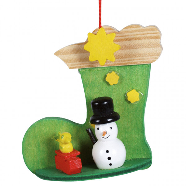 Anhänger Stiefel mit Schneemann, Holz farbig
