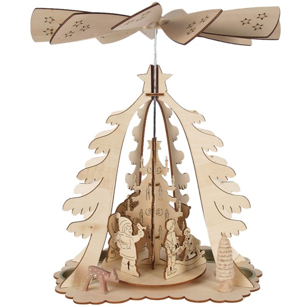 Weihnachts-Pyramide in Tannenform mit Teelichthaltern, natur gelasert