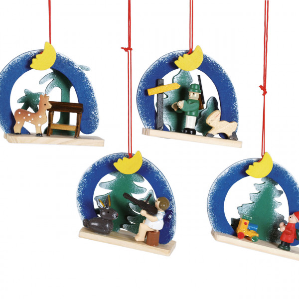 Anhänger Bogen mit Figuren, Holz farbig, 4er Set