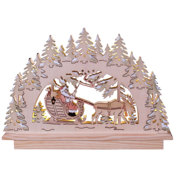 Schwibbogen doppelt, Weihnachtsmann mit Rentierschlitten, LED