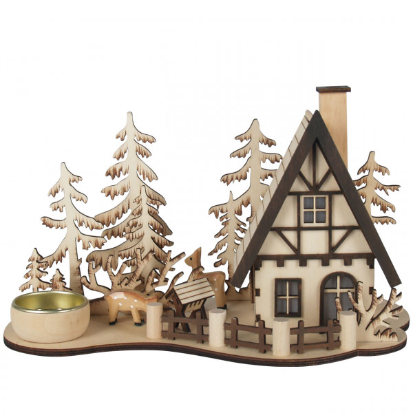 Räucherhaus Wald Hütte mit Teelichthalter, natur gelasert