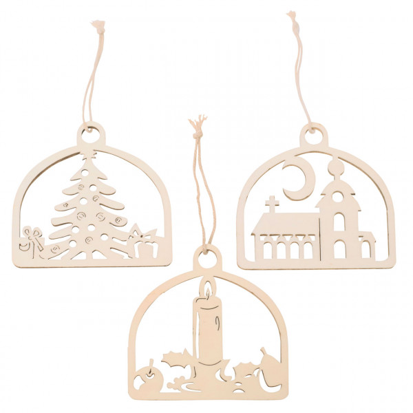 Anhänger Kirche, Baum, Kerze im Bogen, 3er Set