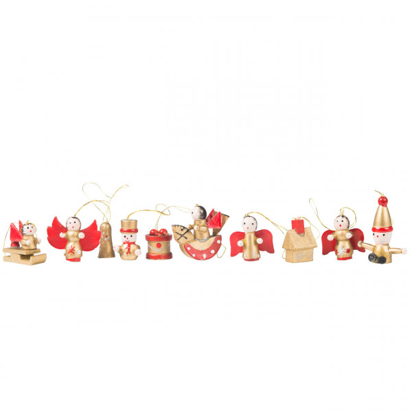 Anhänger weihnachtliche Figuren, Holz gold-rot, 10er Set